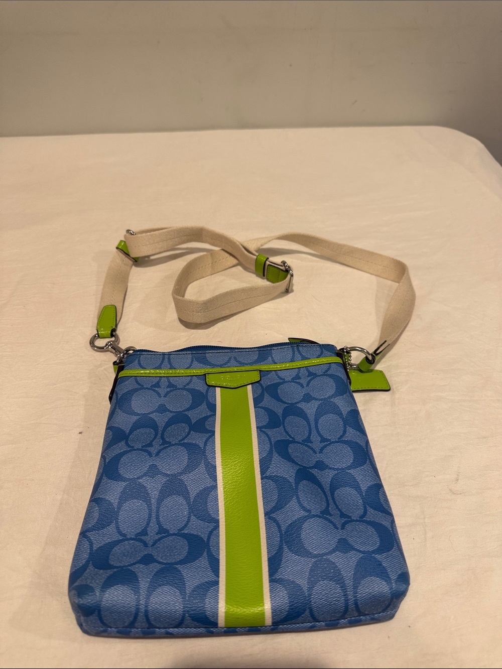 Coach Blue Signature Crossbody with Lime Stripe and Cream Strap